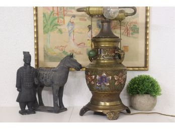 Paint Decorated Brass Lamp. Working Condition
