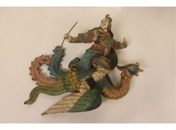 Vintage Chinese Ceramic Figurine - Asian Warrior Astride Mythical Bird - (survivor Of Crash And Repair)