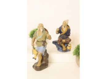Hand-painted Chinese Happy Fishermen Figurines - Both Missing Poles