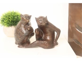Solid Brass Chimpanzee Family Of Three - Two Piece Figurine Set From Thailand