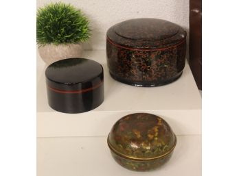 Group Lot: 1 Set Of Laquerware Coasters With Container And Two Decorative Round Trinket Boxes