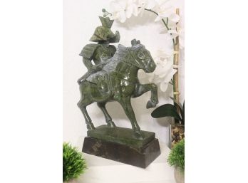 Carved Green Stone Samurai Warrior On Horseback Statuette - Tail Missing