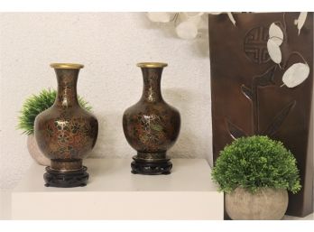 Pair Of Asian Auburn, Black, And Gold Cloisonne Vases - Butterfly Mark/Sticker On Bottom