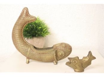 Two Delightful Decorated Bronze Fish Figurines -