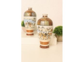 Pair Of Vintage Japanese Satsuma-style Polychrome Vases