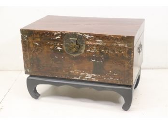 Asian Chest Table On Curve-Footed Pedestal - Faded Traditional Countryside Scene On Front