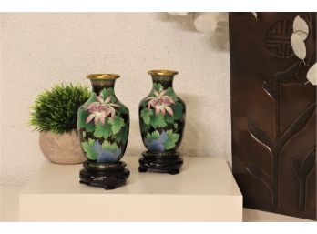 Two Stunning Famille Noire-style Cloisonne Shippo Flower Vases