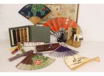 Varied Group Lot Of Asian Folding Fanes, Chopsticks, Games Tiles, And More