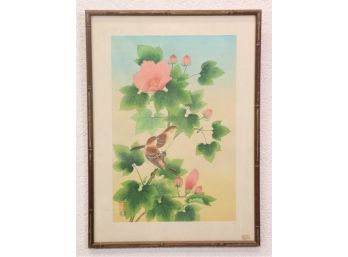 Sparrow & Hibiscus Vintage Japanese Print - By Shizuo Ashikaga, Published By Uchida Art Co, Kyoto