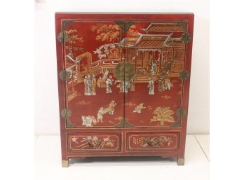 Paint Decorated Red Cabinet. Good Quality And Condition With Glass Top