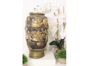Vintage Chinese Ceramic & Enamel Relief Temple Jar - Elaborate Narrative Pictorials
