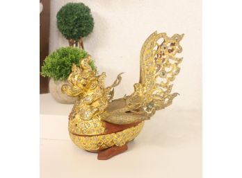 Carved Wood Golden Dragon Decorative Figurine/Container - Colored Stone And Crystal Adornment