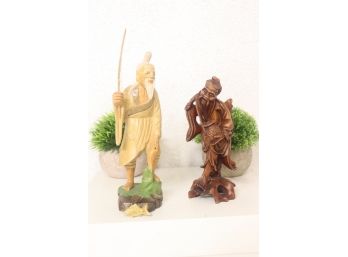 Two Chinese Fishing Figurines - Rope Method Or Pole, Both Oscar And Felix Caught Some Fish