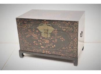 Asian Table Chest With Brass Butterfly Front Clasp And Decorative Stencil