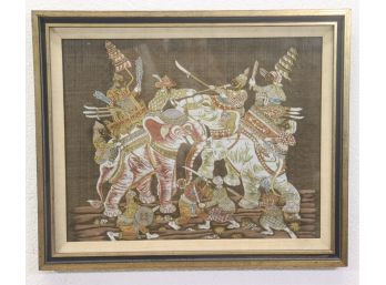 Vintage Framed Indian Mughal Style Screen Print Of Warriors Astride Elephants -