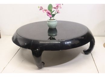 Black Lacquer Large Round Cocktail Table  With Black Glass.  Minor Ware To Glass