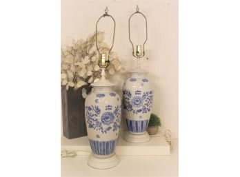 Pair Of Blue & White Chinoiserie Porcelain Urn Lamps
