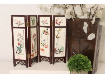 Diminutive Four-Panel Byubo Folding Screen - Double Sided With Asian Elders On One Side And Flora On Other