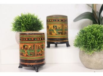 Two Laquerware Painted Covered Cylinder Containers