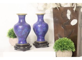 Pair Of Ceramic Cloisonne Baluster Vases In Blues, Indigo, And Gold