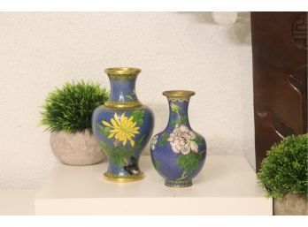 Pair Of Cloisonne Ceramic Hips And Chest Vases In Two Sizes - Yellow, Blue, Gold And More