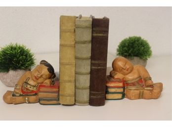 Set Of Painted Wood Thai Lucky Sleepy Babies Bookends