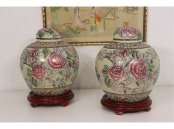 Pair Of Lidded Jars. Good Decorative Quality And Condition.