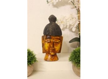 Classic Sukhothai Buddha Head Wood Carving - Traditional Painted Golden Face & Black Hair