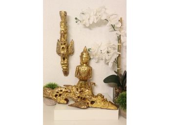 Painted And Bejeweled Carved Wood Hanging  Buddha Figure And Decorative Mounts
