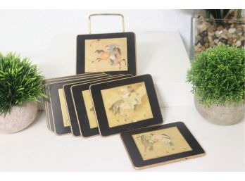 Eight Vintage Lady Clare Coasters - Tang Dynasty-style Engravings, Black Painted Frame, Hand Gilded Edges