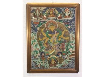 Vintage Tibetan Thangka Featuring Vasudhara - Mixed Media, Pigment, Cloth