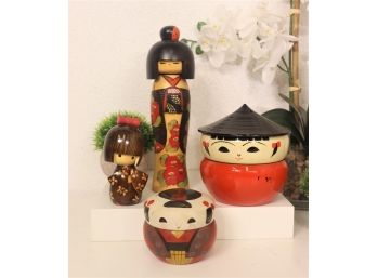 Group Lot Of Painted Japanese Wood Containers, Coasters, And Dolls