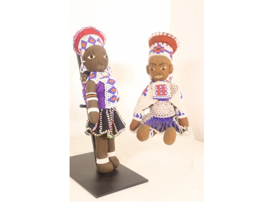 Pair Of Brightly Beaded Traditionally Costumed Dolls