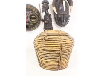 Vintage African Woven Grass Coil Small Basket With Lid