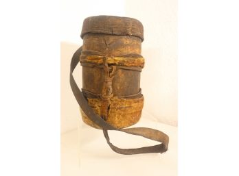 Antique African Water/Milk Vessel - Carved Wood, Animal Hide, & Leather Strap