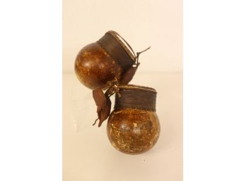 Set Of 2 West African Gourd, Wood And Seed Pod Percussion Shaker (axatse)