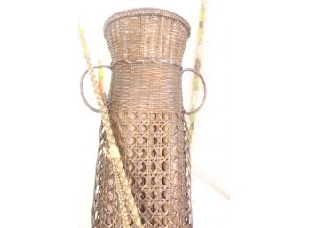 Cane And Rod Fishing Basket With Decorated & Feathered Spears/Poles