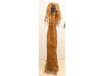 Tall Shaman Head Statue In Decorated Bark-Cloth Wrap With Flat Straw Hair And Fringe