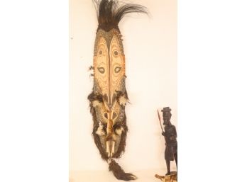 Marvelous Tribal Wood Mask/mount With Feather, Cowrie Shell, Pigment , Hair And Fiber