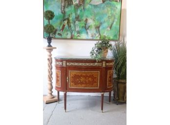 Louis XVI- Style Inlaid D-Shaped Half Round Cabinet With Green Stone Top - Quality Reproduction