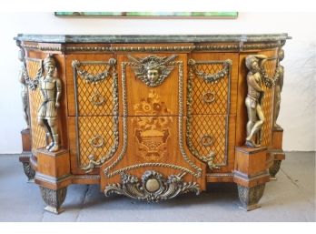 Reproduction Louis XV-style Large Buffet With Marquetry, Mounts, And Ornament - Green Stone Top