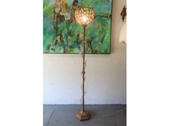 Copper-tone Patinated Tall Torchiere Floor Lamp - Flower Bud Crystal Lampshade