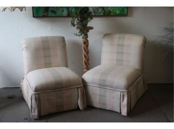 Pair Of Contemporary Scroll Back And Skirted Slipper Chairs
