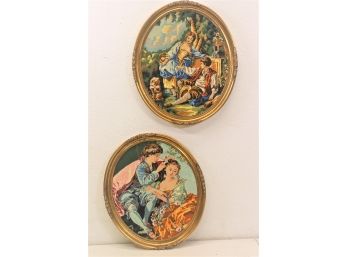 Two Oval Renaissance Lovers Needlepoint Pieces In Period-style Goldtone Frames