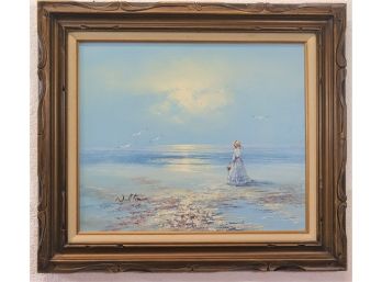 Lady With Flowers Seascape - Framed Acrylic, Signed