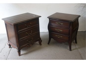 Two Three Drawer French Country Nightstands - One Curved Side, One Straight Side