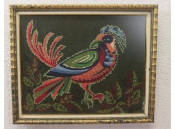 Colorful Southwestern Road Runner Needlepoint - Faux Boix Gold Patina Frame