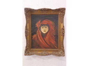 Woman In Red Headdress Painting In Rococo-style Frame -Signed