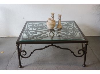 Glass And Wrought Iron Square Coffee Table - Stylized Fleur-de-Lis And Scroll Frame