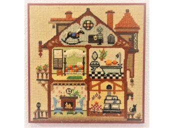 Framed Needlepoint Doll's House View Of Charming Victorian